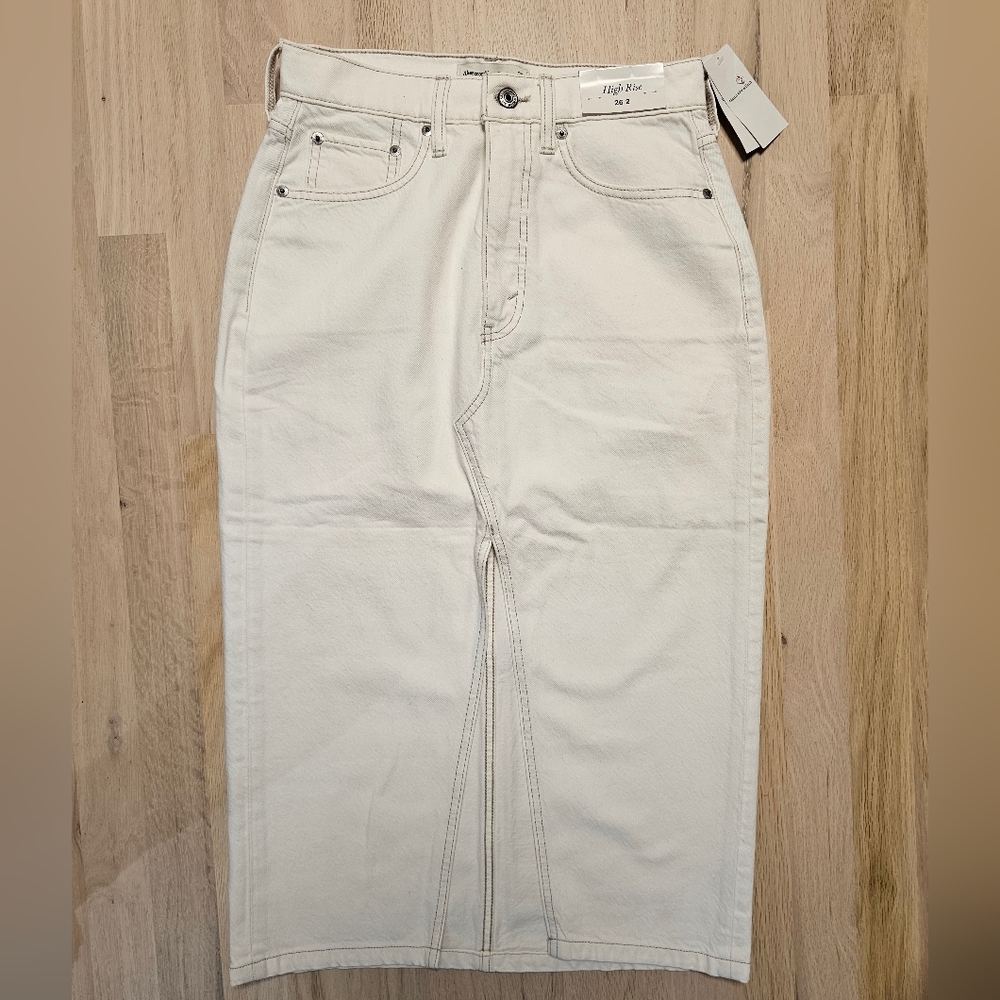 Abercrombie & Fitch High Rise White Denim Midi Skirt